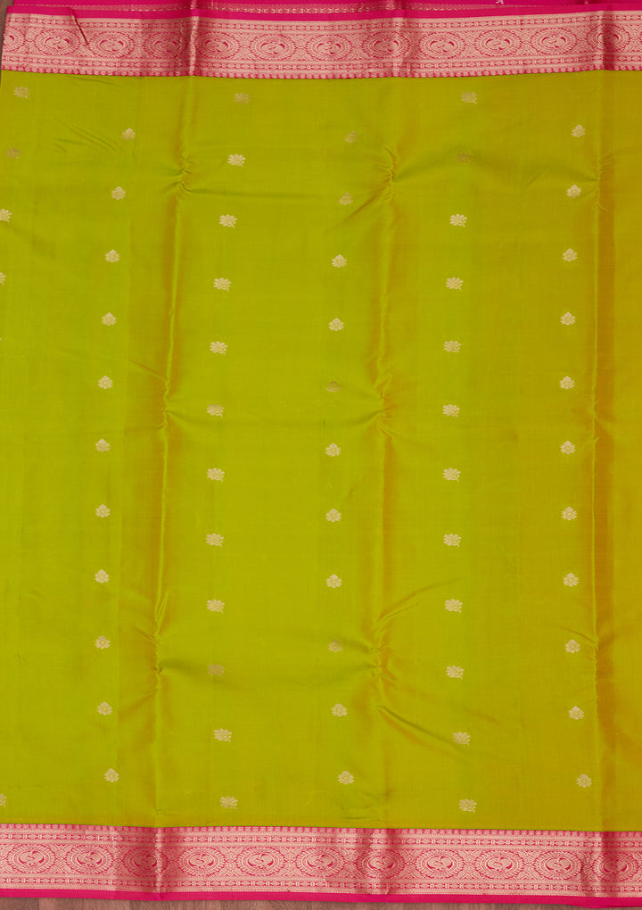 Parrot Green Silk Buti Saree With Matching Blouse Piece