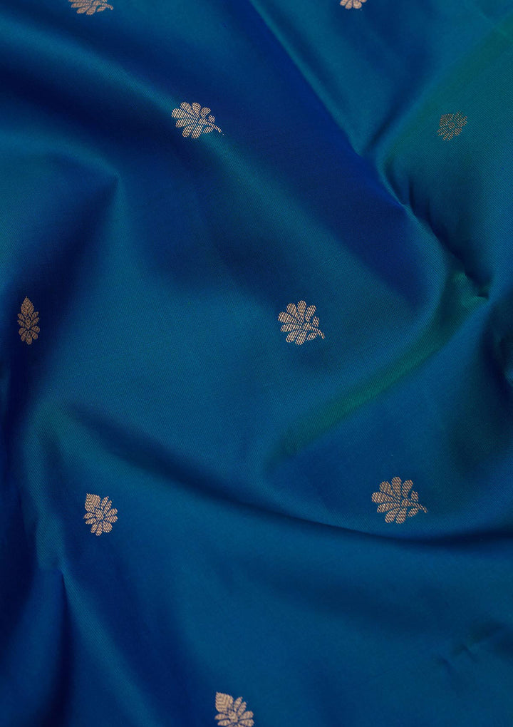 Peacock Blue Silk Buti Saree With Matching Blouse Piece
