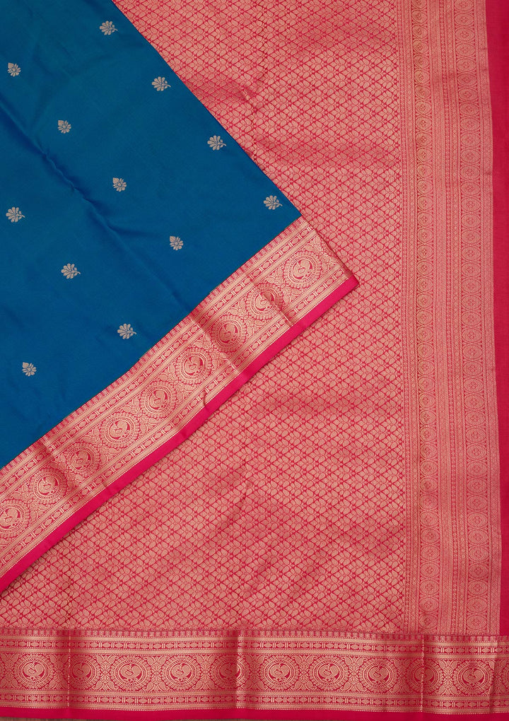 Peacock Blue Silk Buti Saree With Matching Blouse Piece