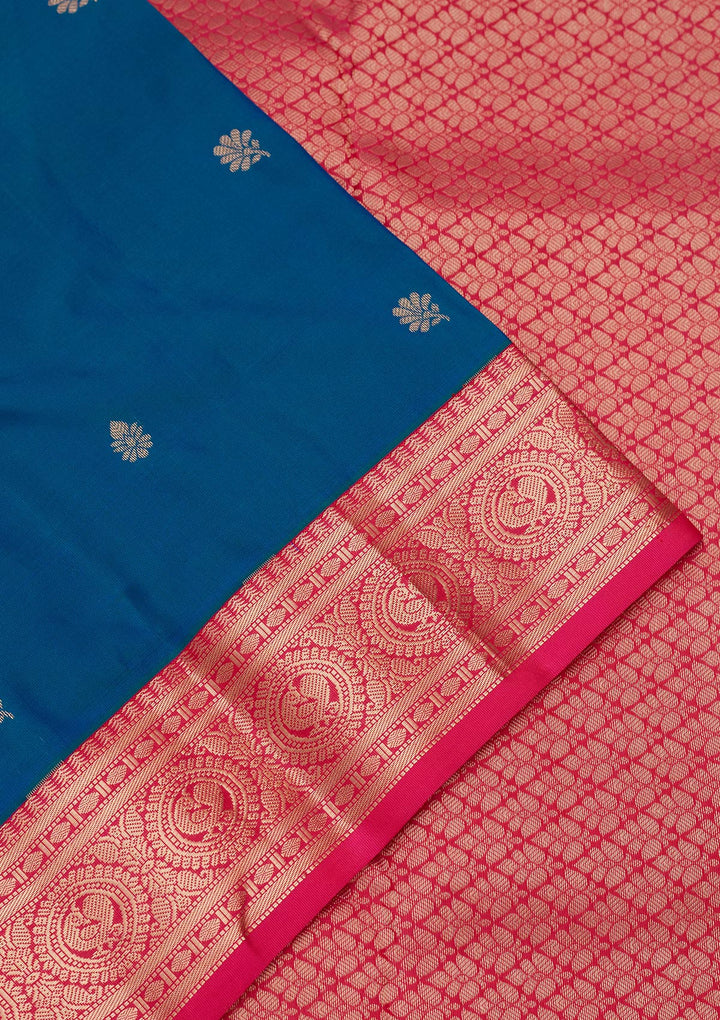 Peacock Blue Silk Buti Saree With Matching Blouse Piece