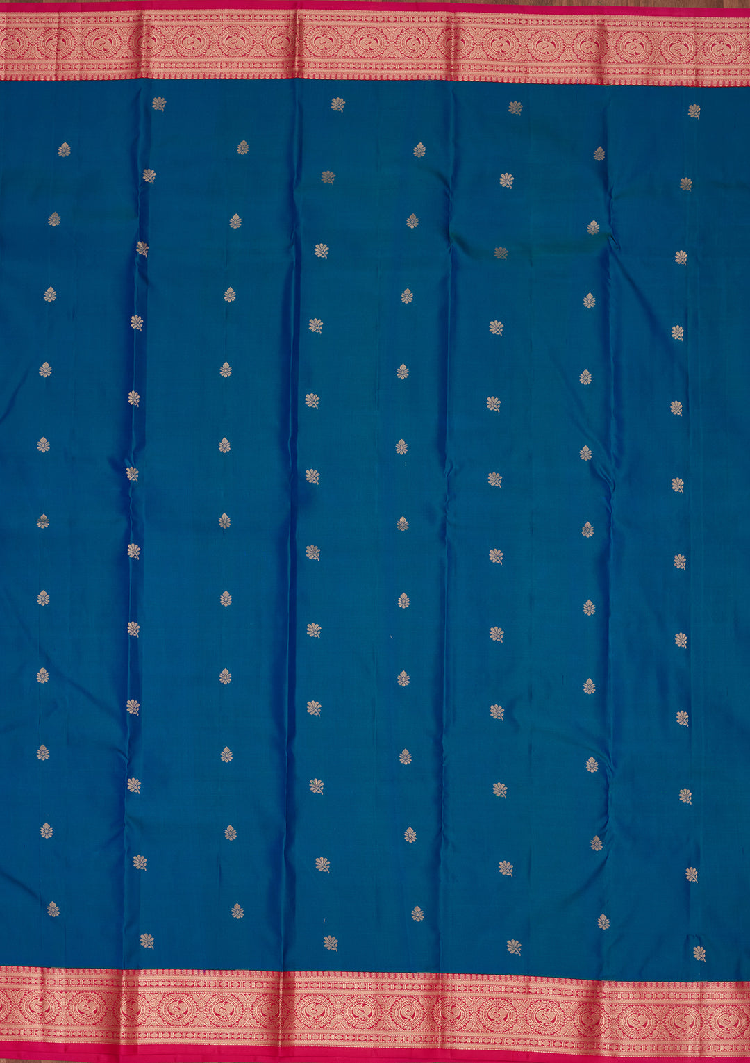 Peacock Blue Silk Buti Saree With Matching Blouse Piece