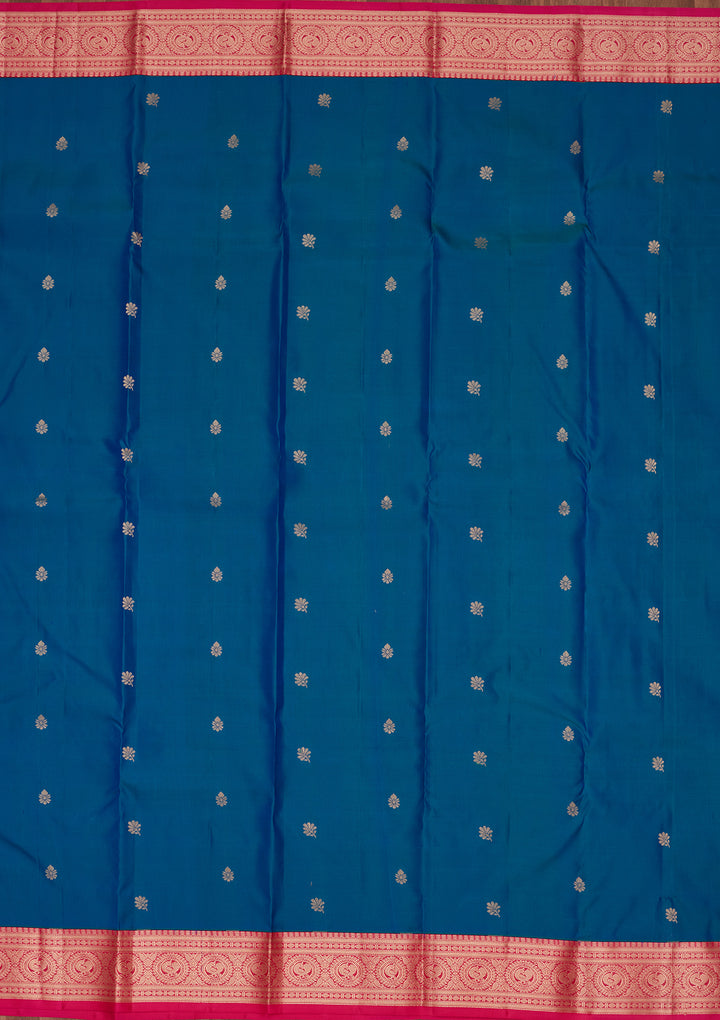 Peacock Blue Silk Buti Saree With Matching Blouse Piece