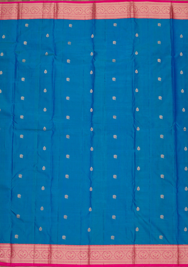 Turquoise Blue Silk Buti Saree With Matching Blouse Piece