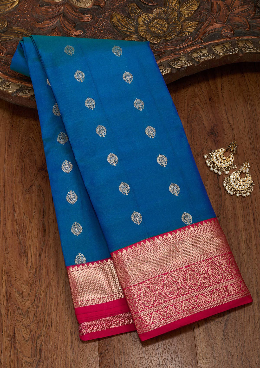 Peacock Blue Silk Buti Saree With Matching Blouse Piece