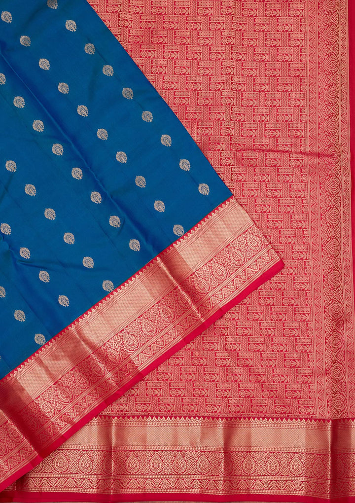 Peacock Blue Silk Buti Saree With Matching Blouse Piece