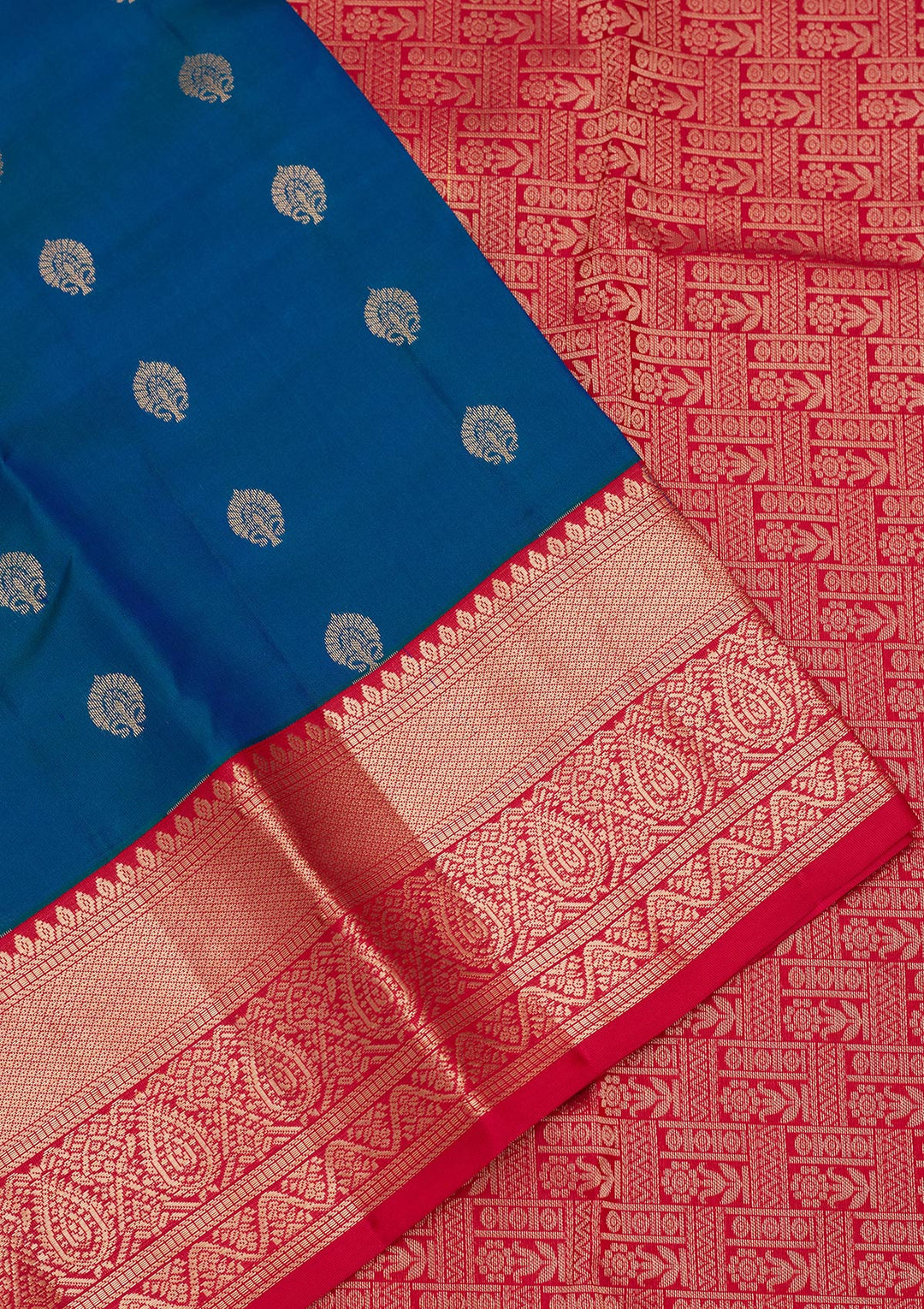 Peacock Blue Silk Buti Saree With Matching Blouse Piece
