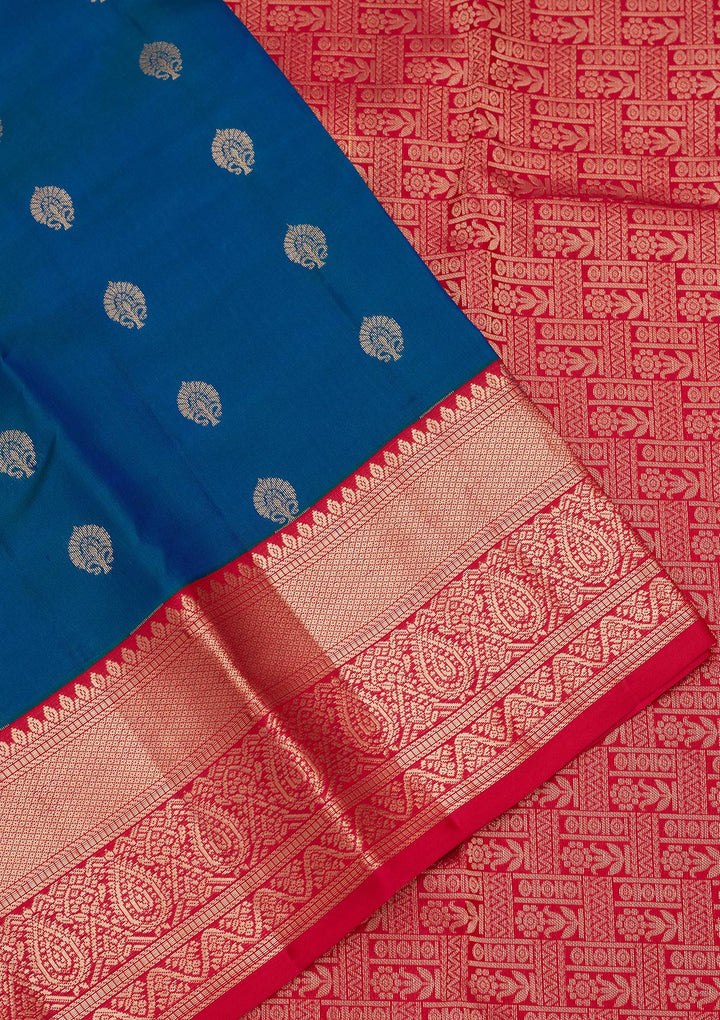 Peacock Blue Silk Buti Saree With Matching Blouse Piece