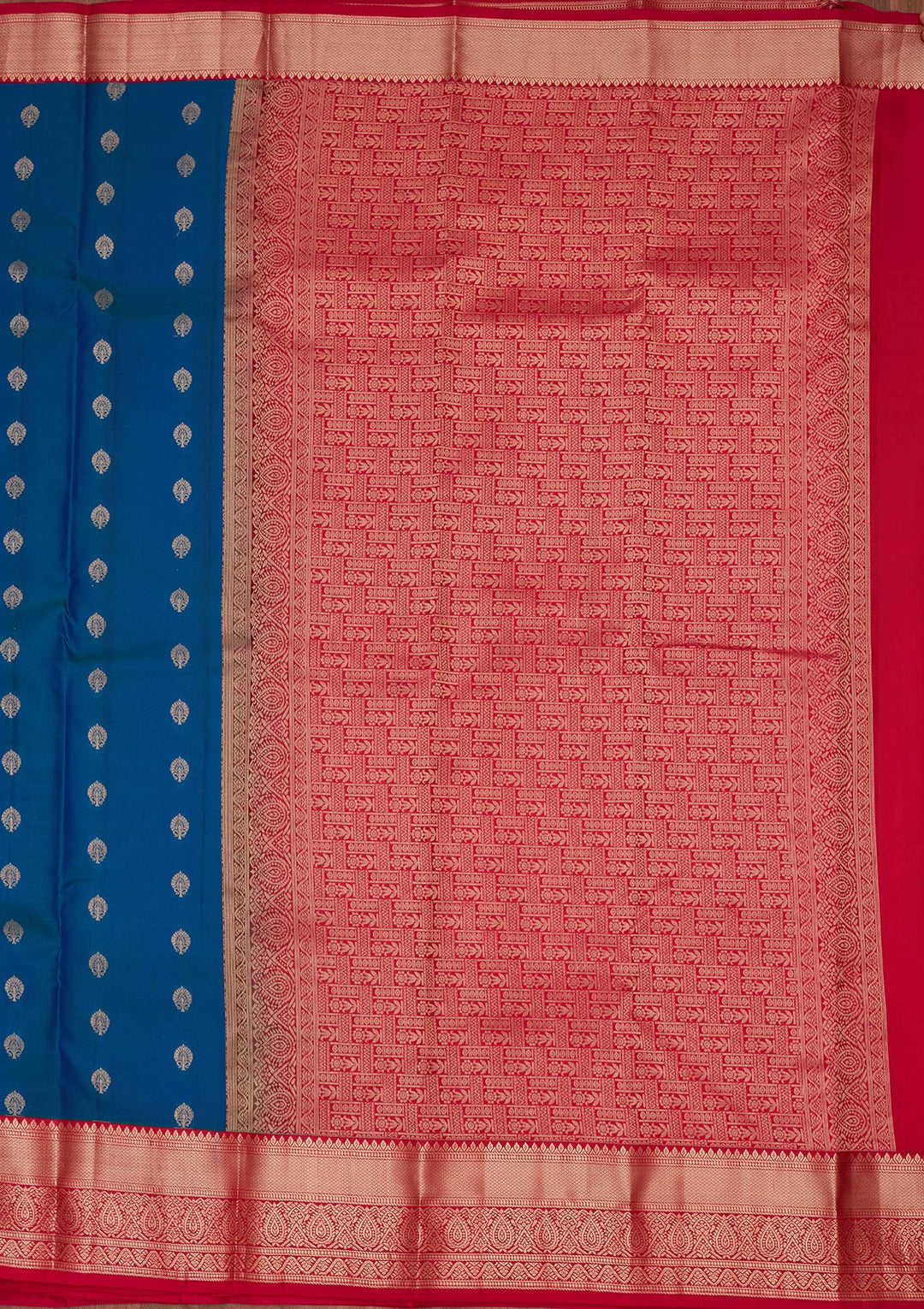 Peacock Blue Silk Buti Saree With Matching Blouse Piece