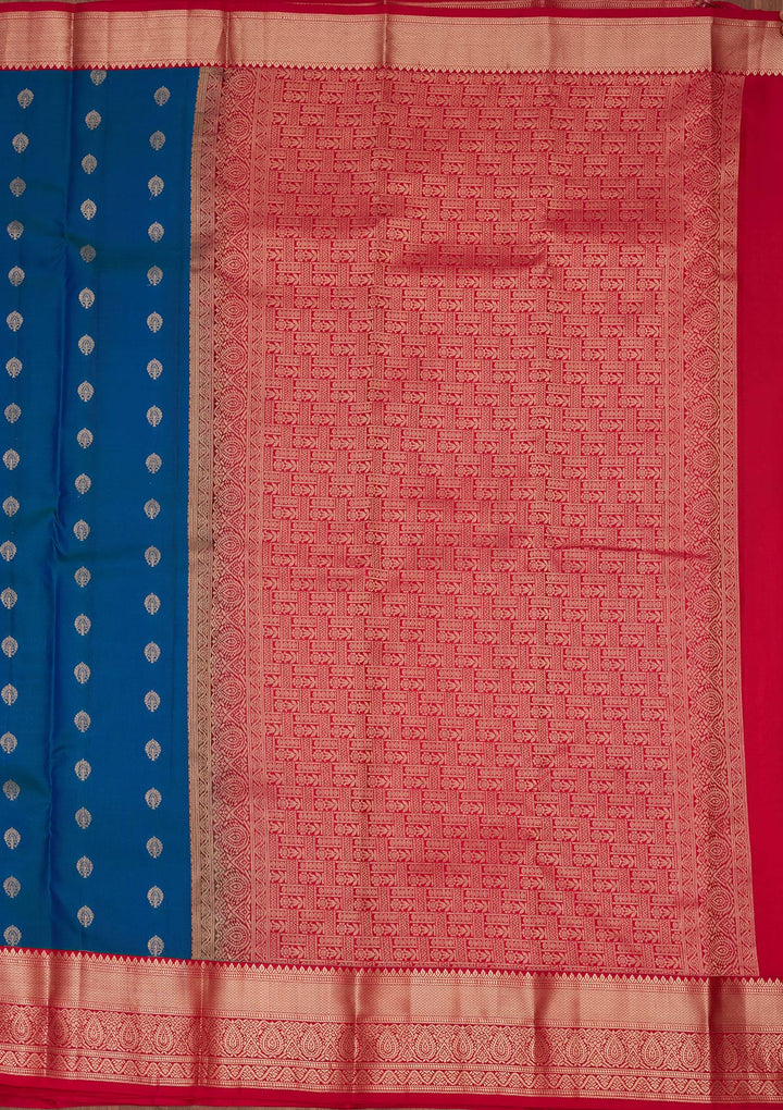 Peacock Blue Silk Buti Saree With Matching Blouse Piece
