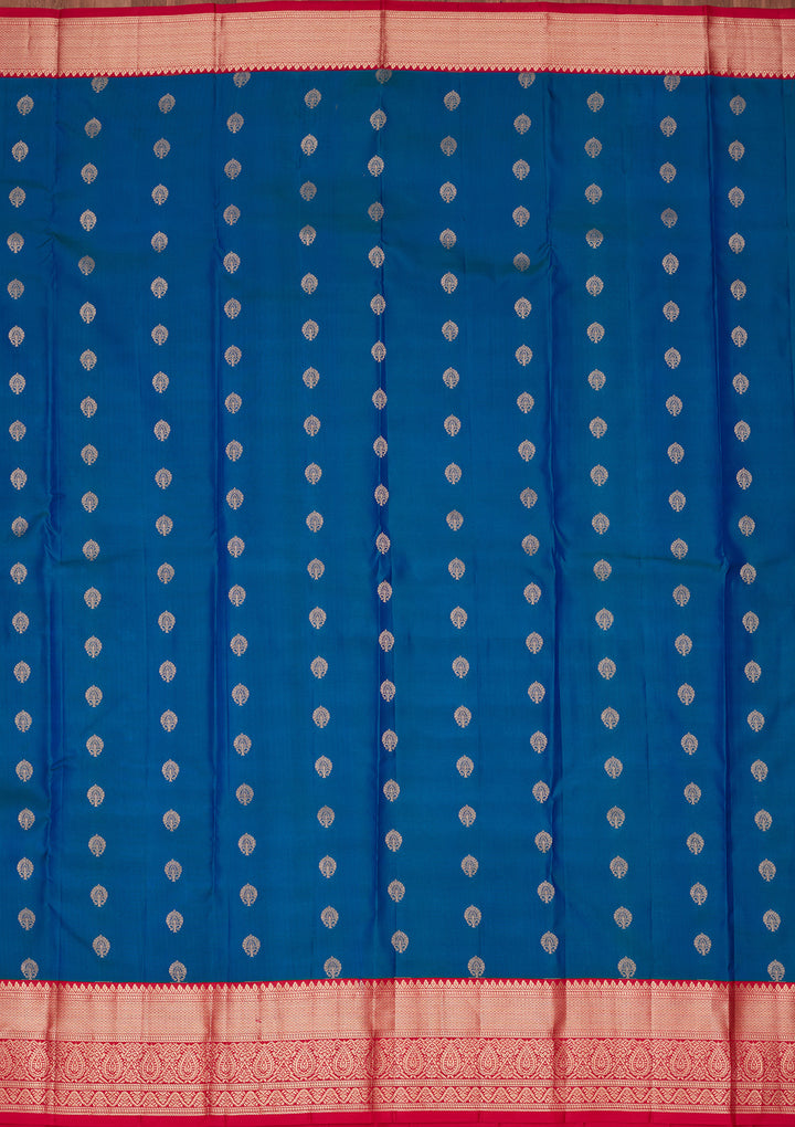 Peacock Blue Silk Buti Saree With Matching Blouse Piece