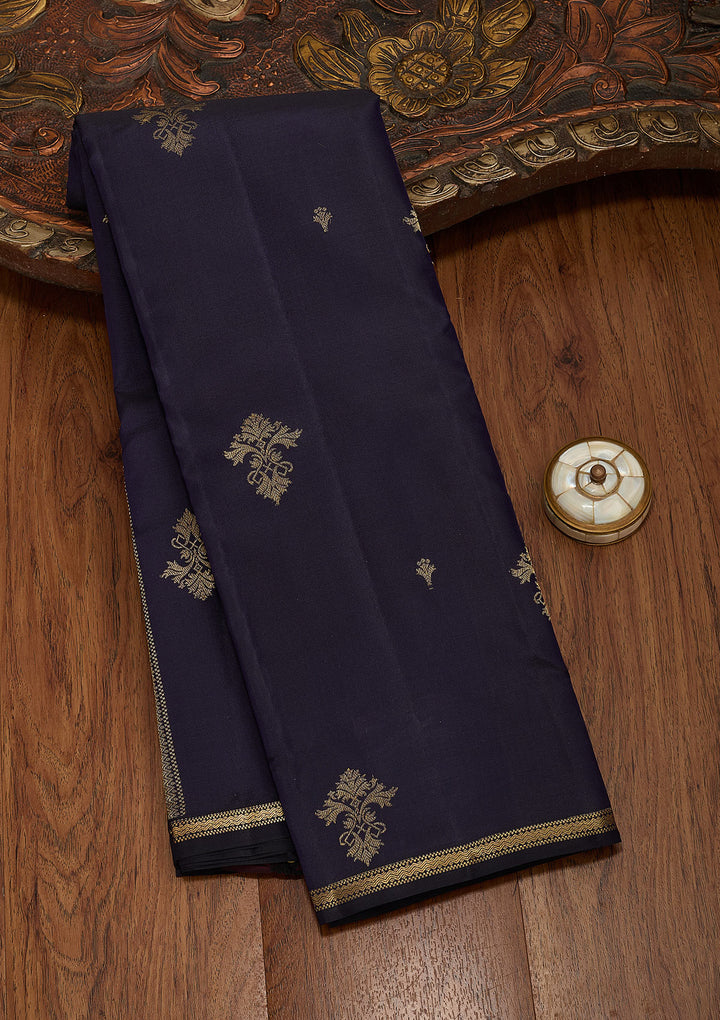 Navy Blue Silk Buti Gold Zariwork Saree With Matching Blouse Piece