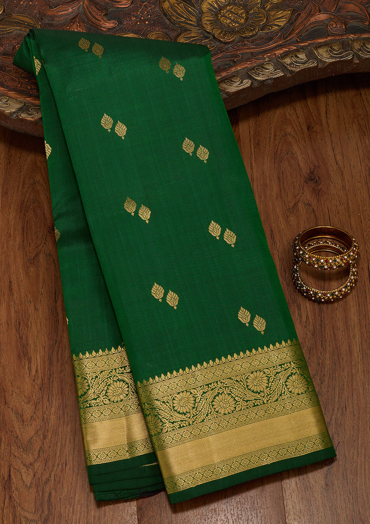 Bottle Green Silk Buti Zariwork Saree With Matching Blouse Piece