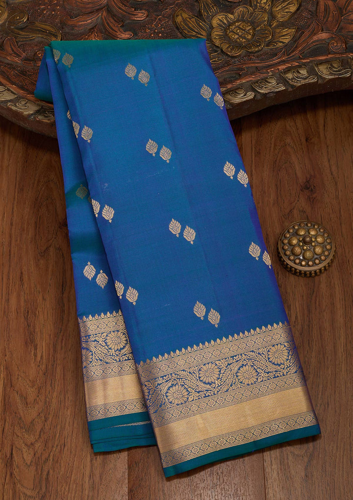 Peacock Blue Silk Buti Saree With Matching Blouse Piece