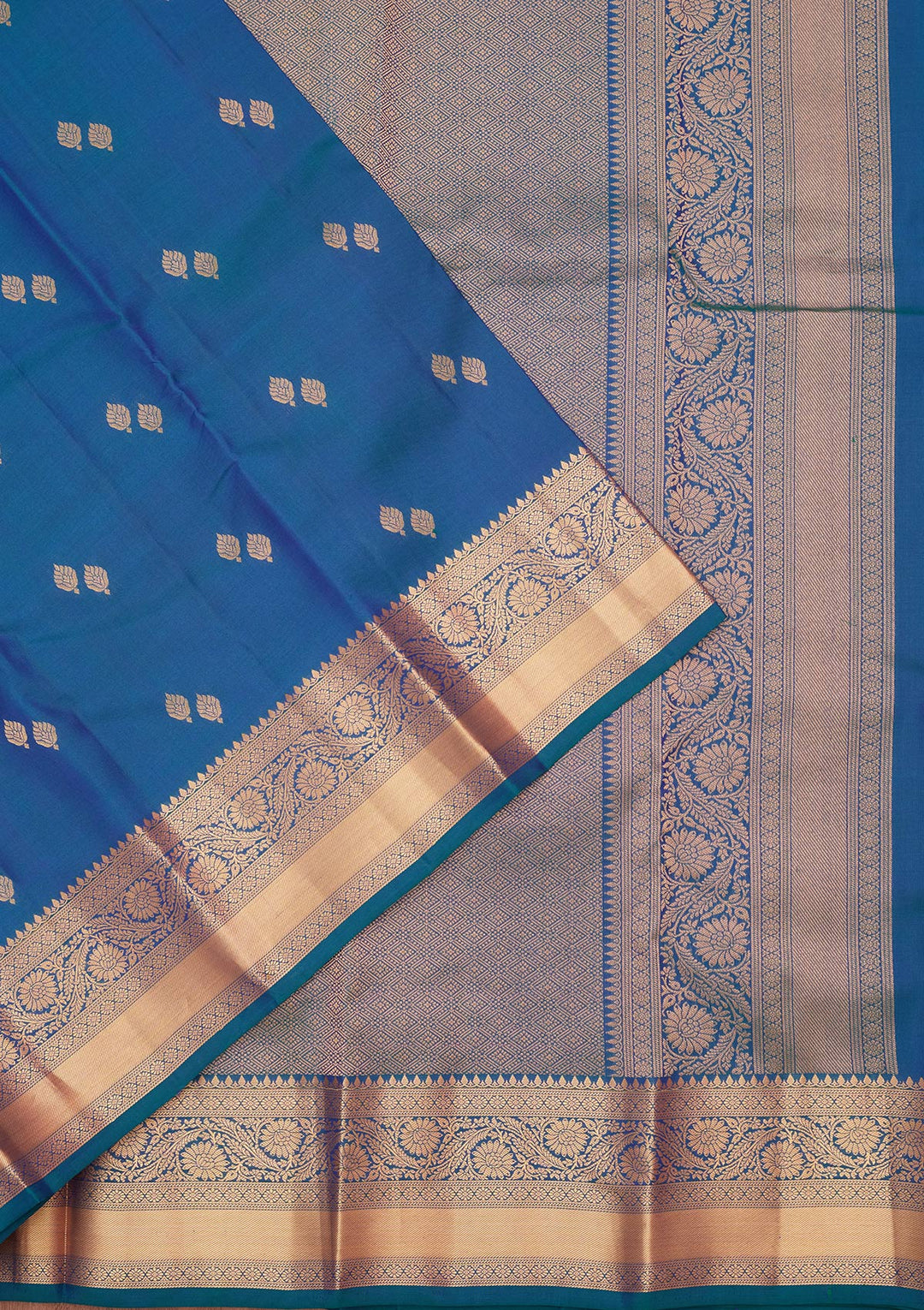 Peacock Blue Silk Buti Saree With Matching Blouse Piece