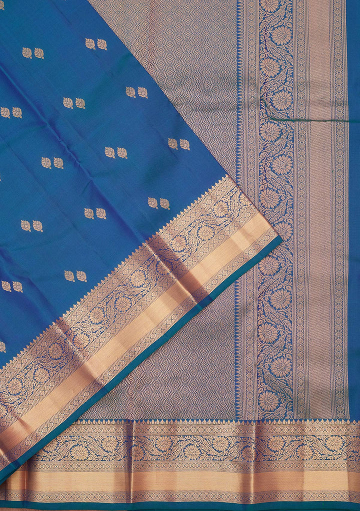 Peacock Blue Silk Buti Saree With Matching Blouse Piece
