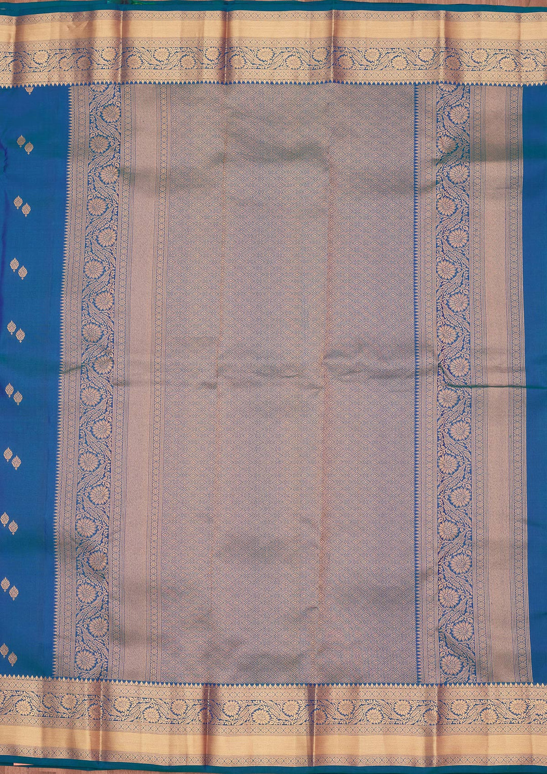 Peacock Blue Silk Buti Saree With Matching Blouse Piece