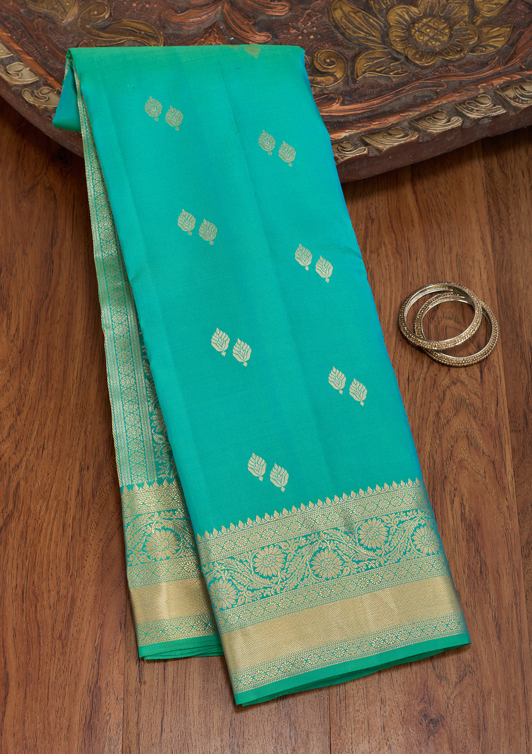 Rama Green Silk Buti Zariwork Saree With Matching Blouse Piece