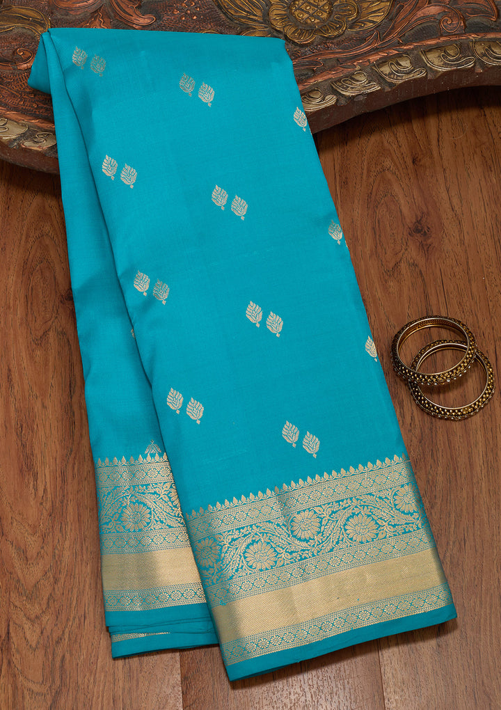 Turquoise Blue Silk Buti Zariwork Saree With Matching Blouse Piece