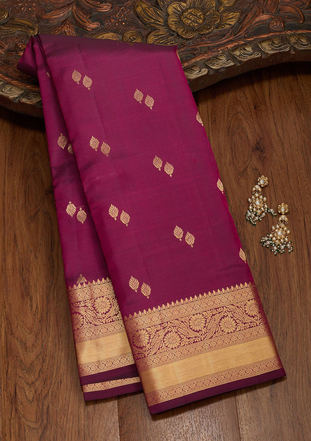 Wine Silk Buti Saree With Matching Blouse Piece