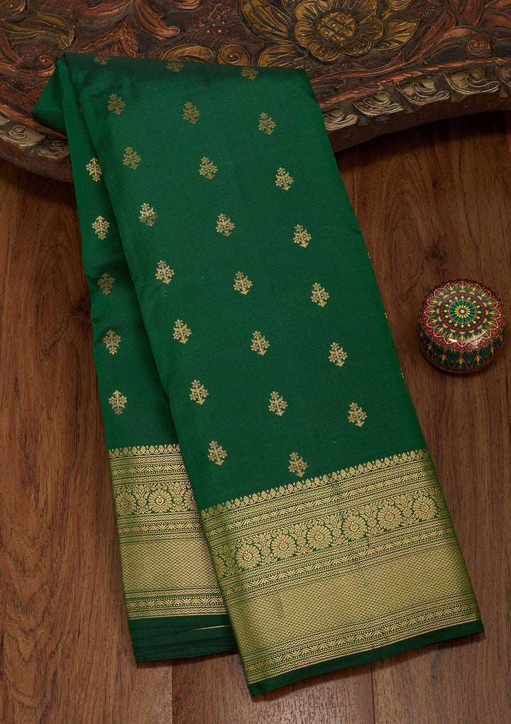 Bottle Green Silk Buti Saree With Matching Blouse Piece