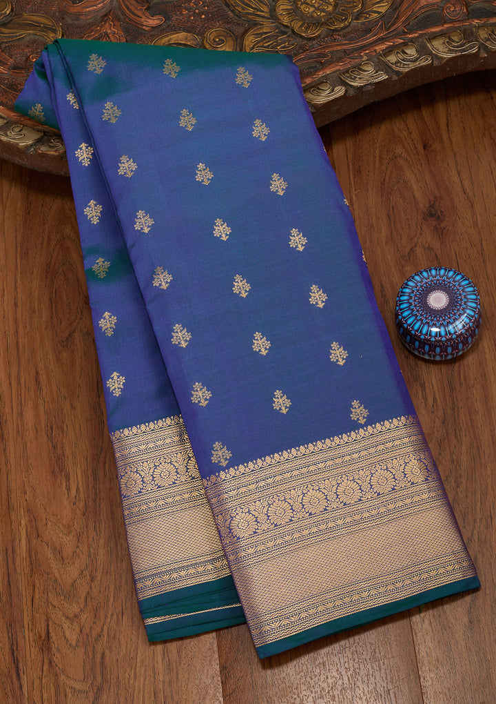Peacock Blue Silk Buti Saree With Matching Blouse Piece
