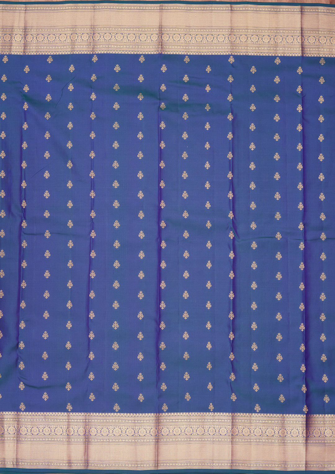 Peacock Blue Silk Buti Saree With Matching Blouse Piece