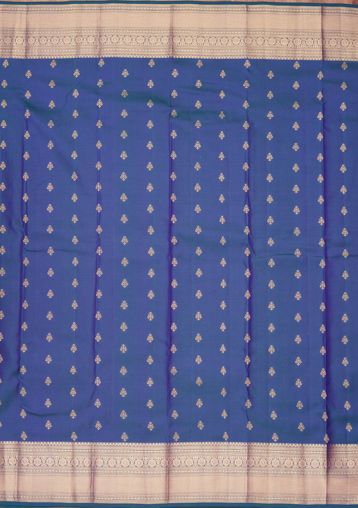 Peacock Blue Silk Buti Saree With Matching Blouse Piece