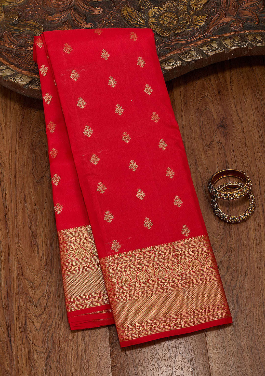 Red Silk Buti Saree With Matching Blouse Piece