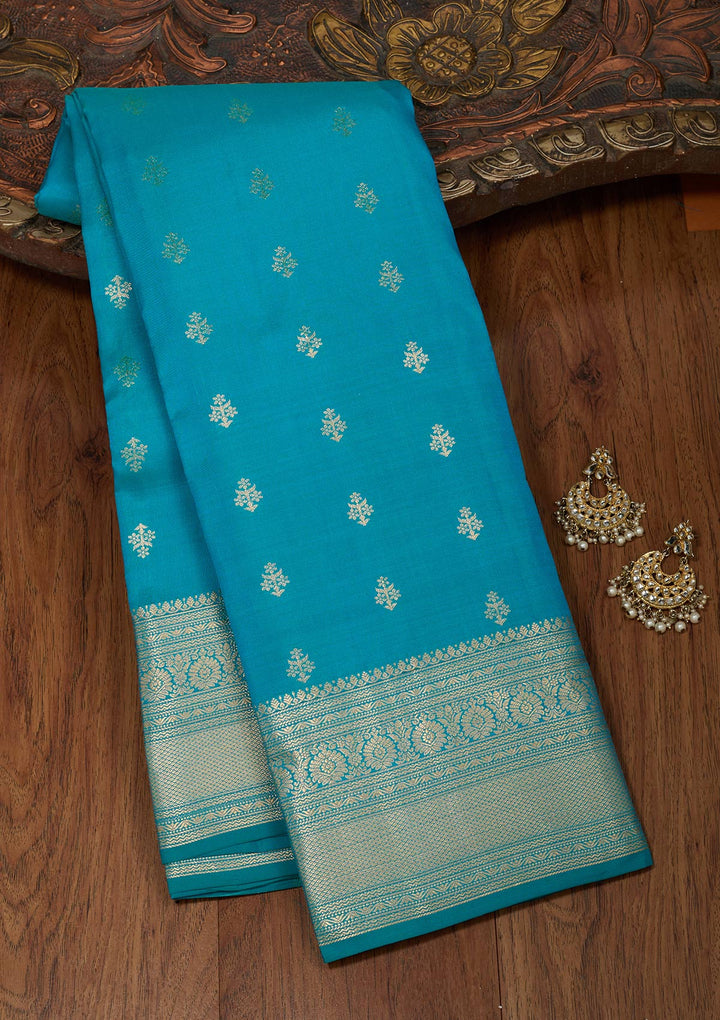Turquoise Blue Silk Buti Zariwork Saree With Matching Blouse Piece