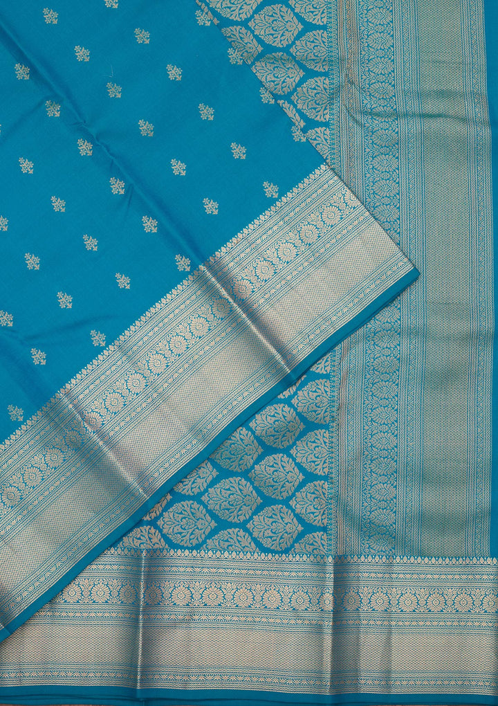 Turquoise Blue Silk Buti Zariwork Saree With Matching Blouse Piece