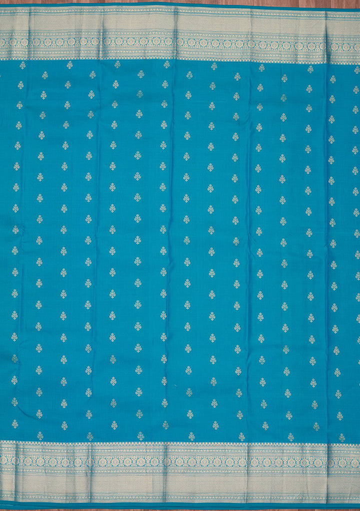 Turquoise Blue Silk Buti Zariwork Saree With Matching Blouse Piece