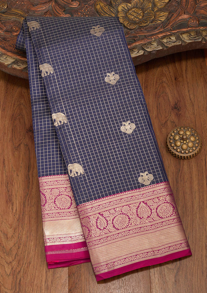 Navy Blue Silk Buti Saree With Matching Blouse Piece
