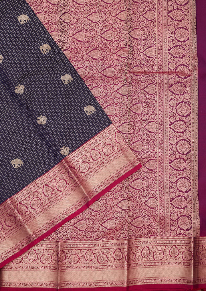 Navy Blue Silk Buti Saree With Matching Blouse Piece