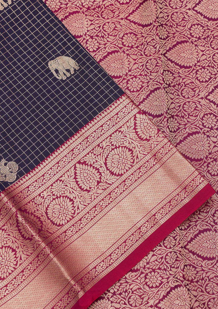 Navy Blue Silk Buti Saree With Matching Blouse Piece