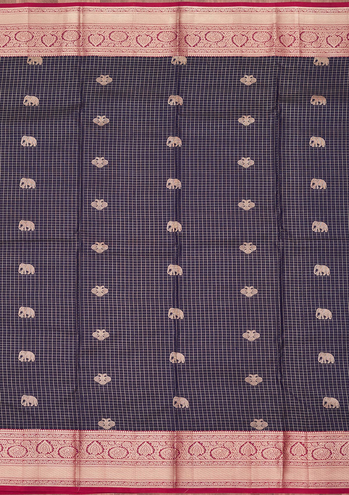Navy Blue Silk Buti Saree With Matching Blouse Piece
