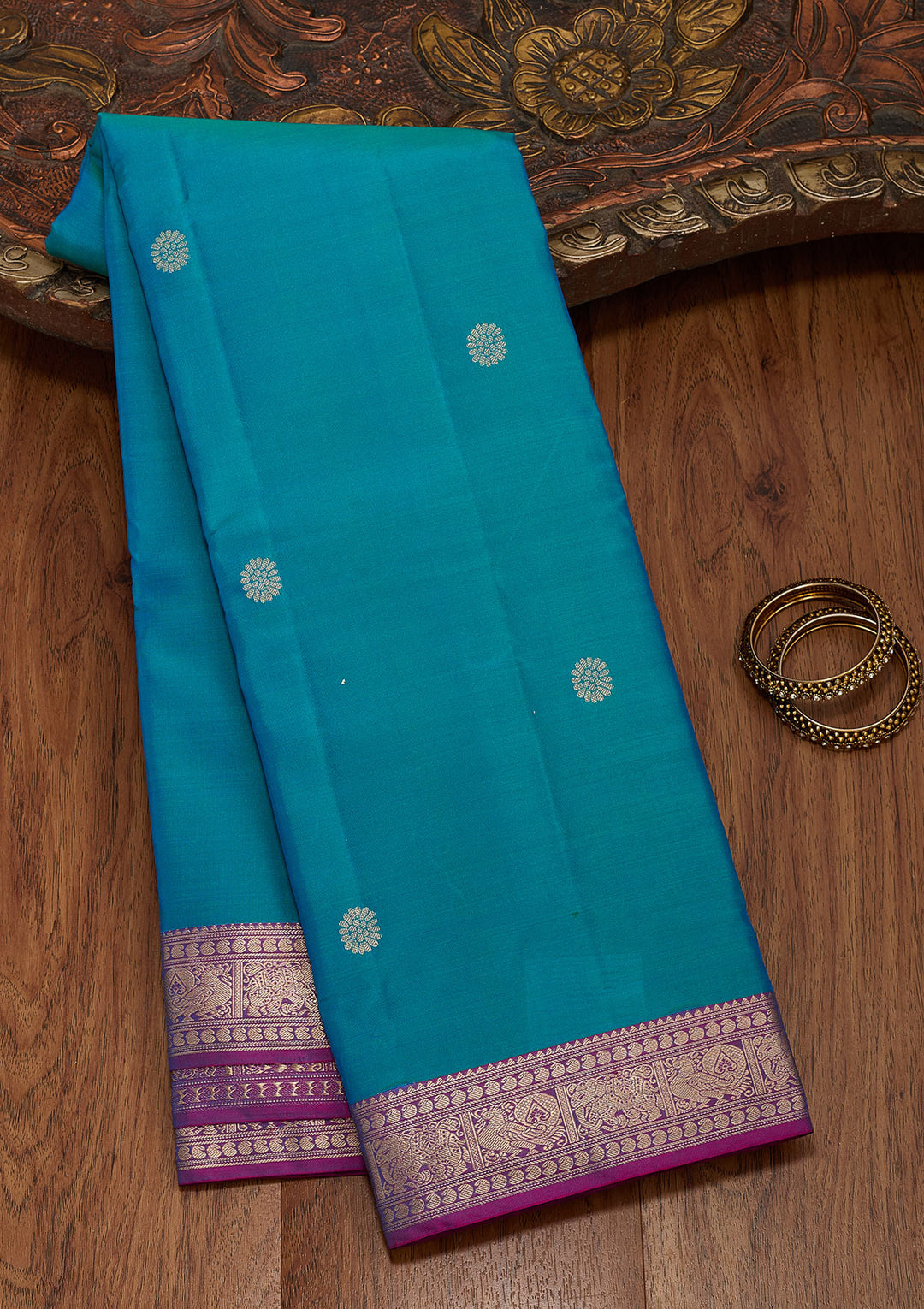 Turquoise Blue Silk Buti Saree With Matching Blouse Piece