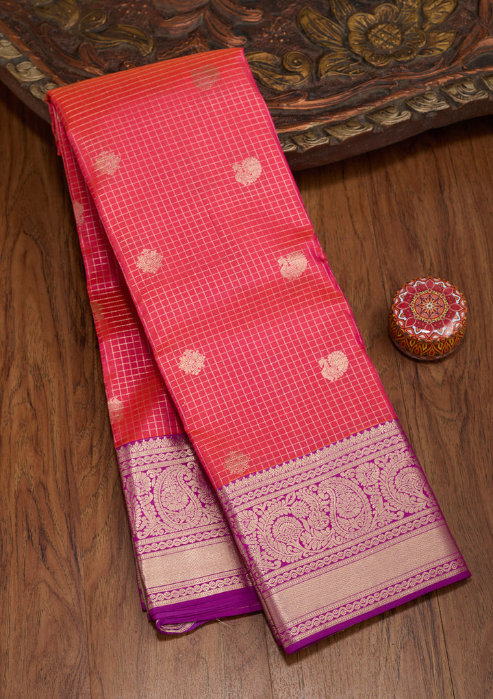 Pink Silk Checks Zariwork Saree With Matching Blouse Piece