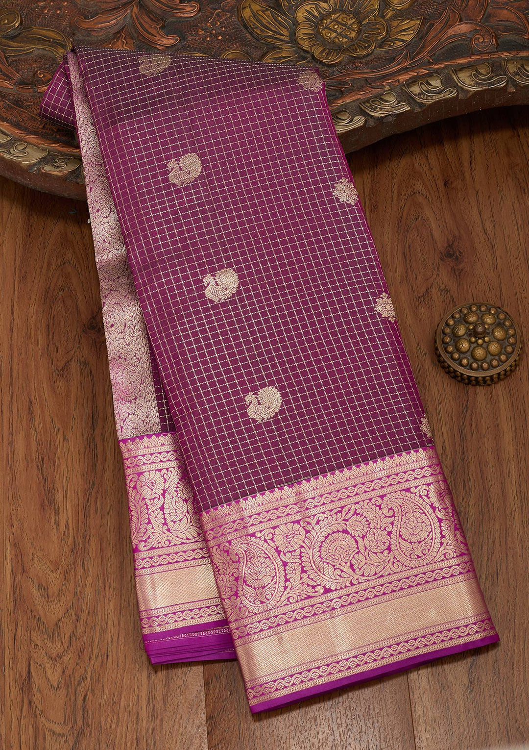 Wine Silk Checks Saree With Matching Blouse Piece