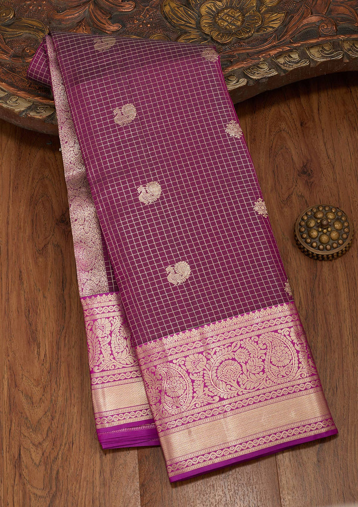 Wine Silk Checks Saree With Matching Blouse Piece