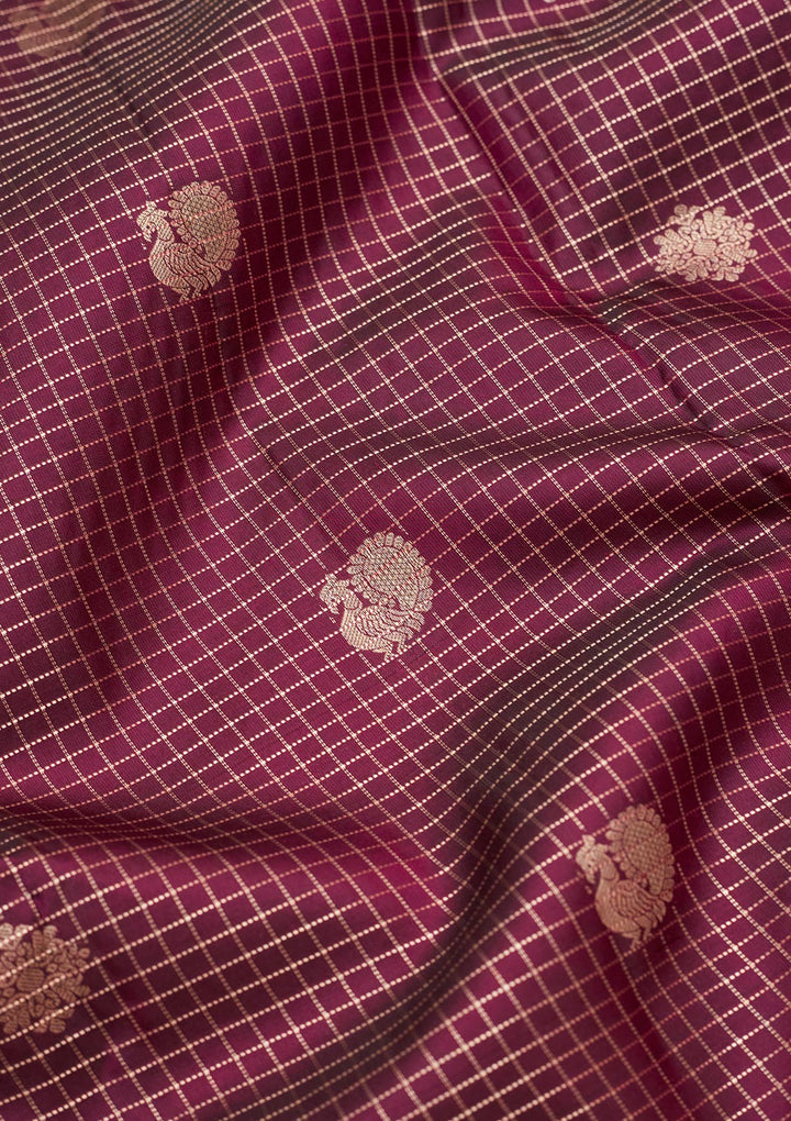 Wine Silk Checks Saree With Matching Blouse Piece