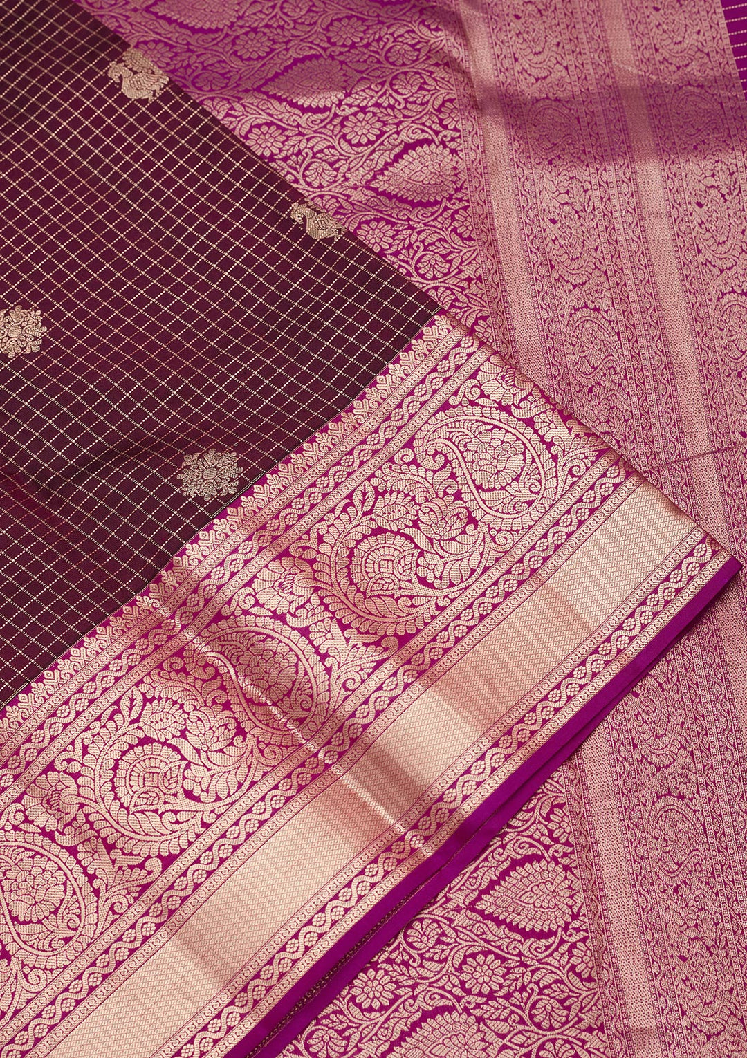 Wine Silk Checks Saree With Matching Blouse Piece