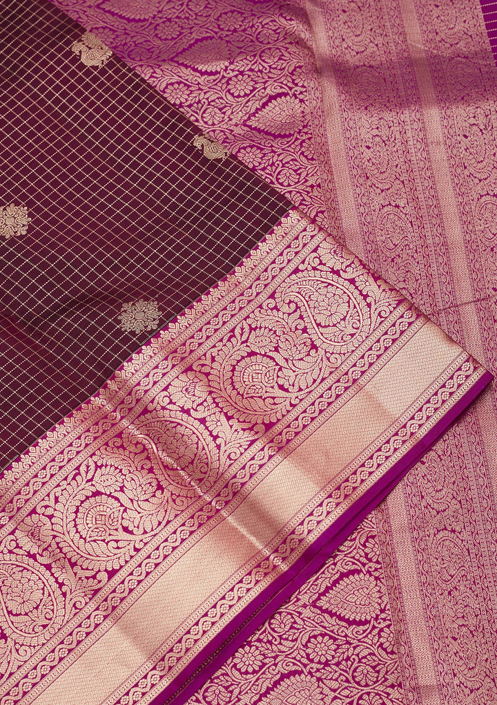 Wine Silk Checks Saree With Matching Blouse Piece