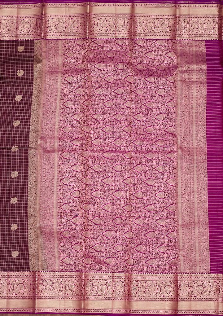 Wine Silk Checks Saree With Matching Blouse Piece