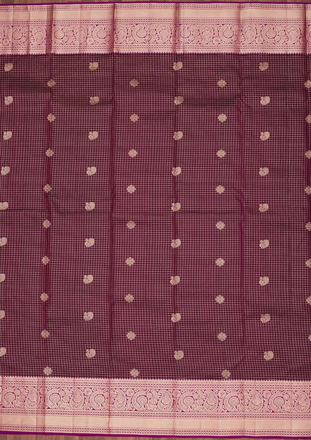 Wine Silk Checks Saree With Matching Blouse Piece