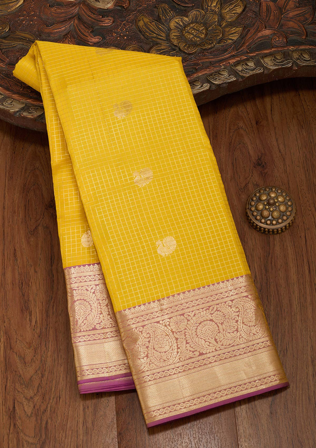 Yellow Silk Checks Saree With Matching Blouse Piece