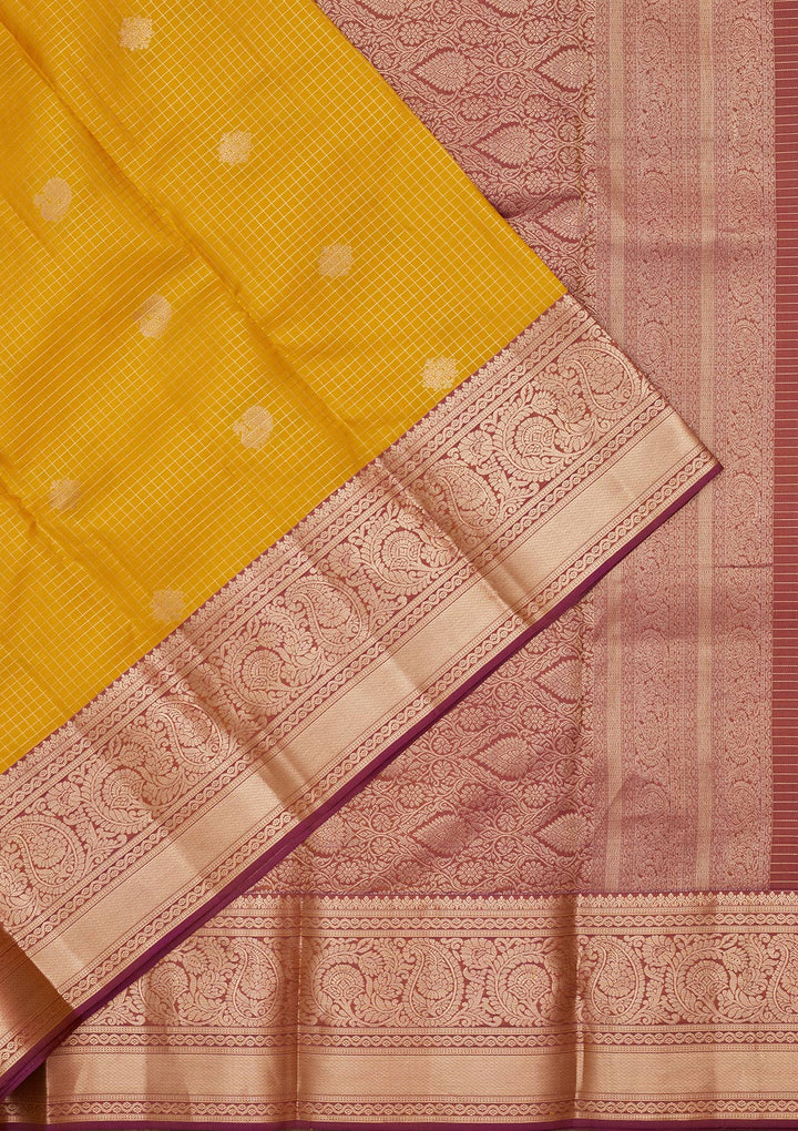 Yellow Silk Checks Saree With Matching Blouse Piece