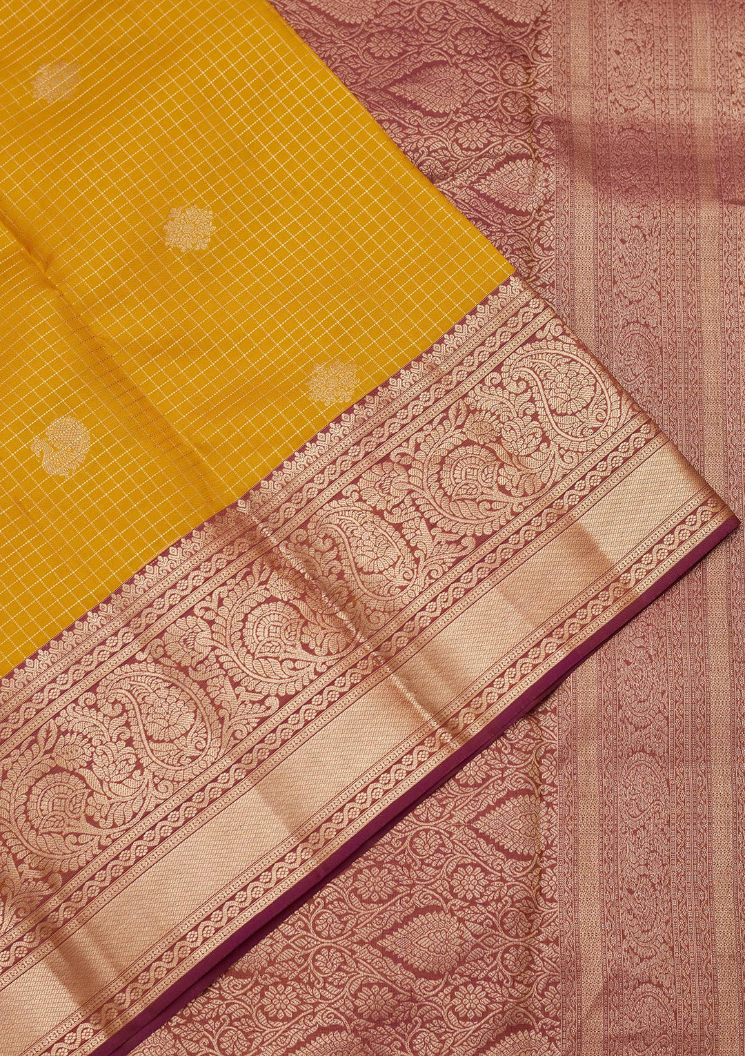 Yellow Silk Checks Saree With Matching Blouse Piece