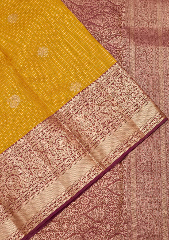 Yellow Silk Checks Saree With Matching Blouse Piece