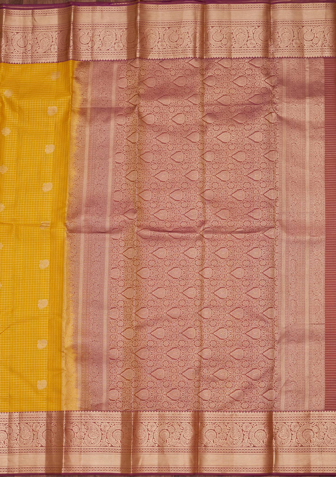 Yellow Silk Checks Saree With Matching Blouse Piece