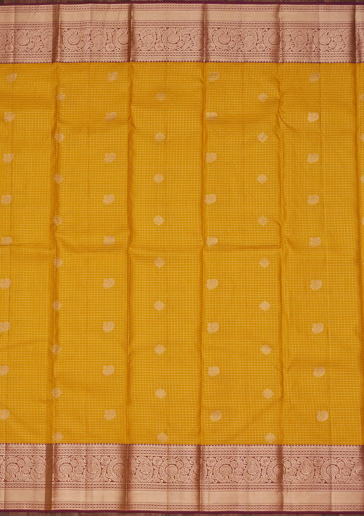 Yellow Silk Checks Saree With Matching Blouse Piece